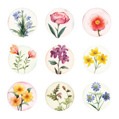 Set of circle shapes, Clip art flowers only in circle, watercolor, clipart flower style