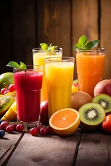 Fotobehang Vivid Splash of Various Fruit Juices in Clear Glasses on Rustic Wooden Background © New Robot