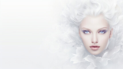 Banner with beautiful girl on isolated white background. Beauty make up and cosmetics concept. Copy space. Generative AI