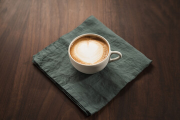 Fresh flat white with latte art in ceramic cup on wood table