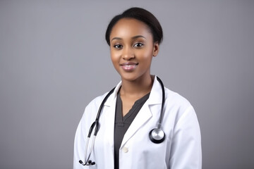 Female african doctor on grey background