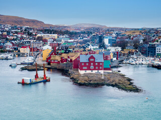 Torshavn, Faroe Islands, on a clear spring day, from the sea. Largest city and capital of the Faroes.