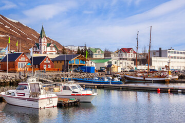 The pretty little town of Husavik in North Iceland, famous for whale watching expeditions.