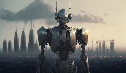 Naklejka premium A Modern Robot in Front of the City
