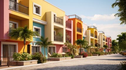 Fototapeta na wymiar Vivid condominium or hotel with balconies, colorful stucco finish traditional private townhouses, Generative AI