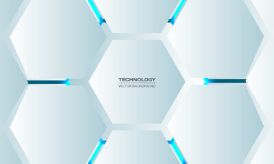 White 3d hexagonal technology vector abstract background. Blue bright energy flashes under hexagon in modern technology futuristic background. White honeycomb texture grid vector illustration.