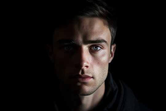 Close-up portrait of young man looking at camera, studio shot on black background, dark light photography