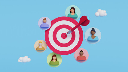 Target customers concept. Audience outreach, sales generation, marketing segmentation, customer attraction campaign, accurate promo, advertising. Dartboard with targeted customers. 3d illustration