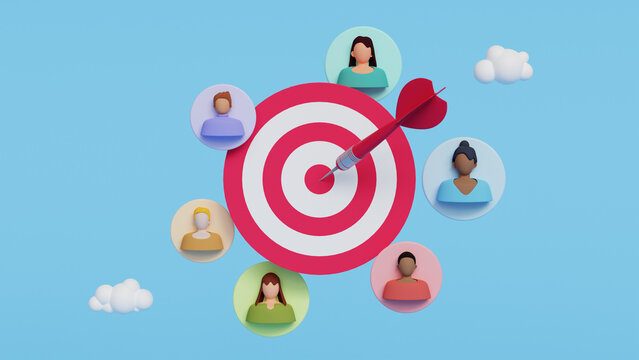 Target customers concept. Audience outreach, sales generation, marketing segmentation, customer attraction campaign, accurate promo, advertising. Dartboard with targeted customers. 3d illustration