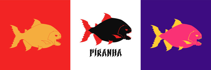 Piranha logo set, vector piranha illustration. Dangerous fish with sharp teeth. Vintage piranha, vector sign, sticker and silhouette. Furious fish logotype and emblem for graphic design and animation
