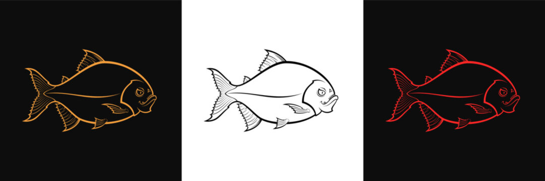 Vintage piranha logo set, vector outline piranha sign. Dangerous fish illustration. Linear golden piranha silhouette, vector sign. Angry fish logotype and emblem for graphic design and animation
