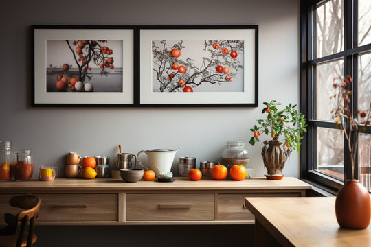 Artistic touch in the kitchen: Small horizontal painting adds charm. Generative AI