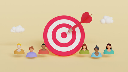 Target customer concept. Customer attraction campaign, accurate promo, advertising. Target customers, audience outreach, sales generation. 3D Illustration