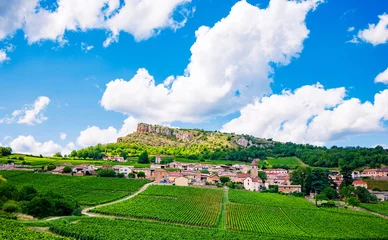 Fototapete Grün Solutre rock with village and vineyard landscape- Burgundy in France