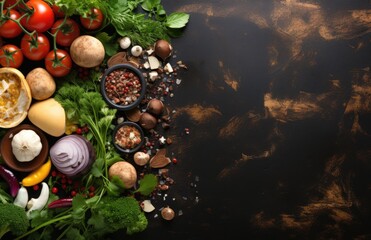 Tomatoes, basil, spices, peppers, onions, garlic, mushroom, vegetarian food spices and vegetables, top view, free space for your text, fresh basil herbs tomato pattern, cooking concept, AI Generative