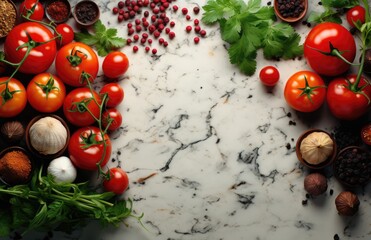 Tomatoes, basil, spices, peppers, onions, garlic, mushroom, vegetarian food spices and vegetables, top view, free space for your text, fresh basil herbs tomato pattern, cooking concept, AI Generative