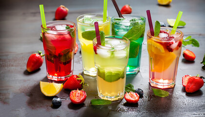 Set of multicolored summer drinks. Mojito, lemonade, berry, strawberry lemonade or cocktail with iced