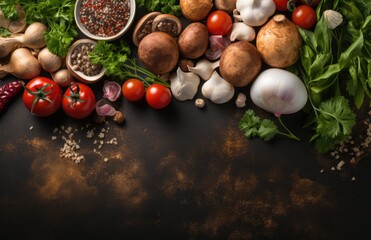 Tomatoes, basil, spices, peppers, onions, garlic, mushroom, vegetarian food spices and vegetables, top view, free space for your text, fresh basil herbs tomato pattern, cooking concept, AI Generative