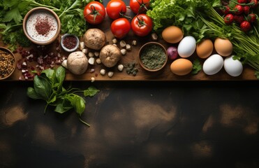 Fototapeta na wymiar Tomatoes, basil, spices, peppers, onions, garlic, mushroom, vegetarian food spices and vegetables, top view, free space for your text, fresh basil herbs tomato pattern, cooking concept, AI Generative