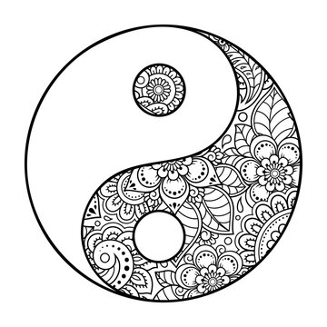 recommend clip art: Circular pattern in form of mandala for Henna, Mehndi, tattoo, decoration. Decorative ornament in ethnic oriental style with Yin-yang hand drawn symbol. Outline doodle vector illustration.