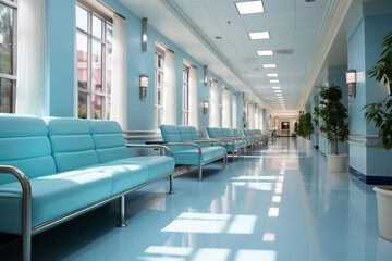 Fototapeta na wymiar Long, brightly lit hospital hallway with blue seating Generative AI