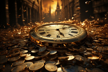 Modern depiction of affluence, Clock amidst large money piles  Generative AI