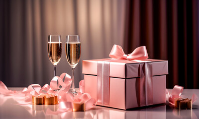 Deux coupe de champagne avec un cadeau emballé avec un ruban rose - Amour et célébration - Générative iA
