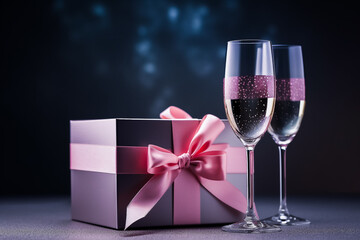Deux coupe de champagne avec un cadeau emballé avec un ruban rose - Amour et célébration - Générative iA - obrazy, fototapety, plakaty