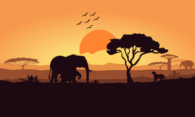 Fototapeta na wymiar World Wildlife Day illustration. Africa safari illustration sun set with animals and flying birds