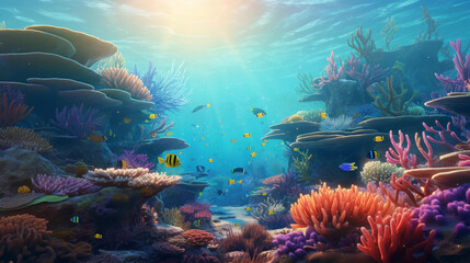 Fototapeta na wymiar a serene underwater world, coral reef in vibrant colors, diverse marine life interacting with the environment. Sunrays penetrating the water surface, ambient lighting