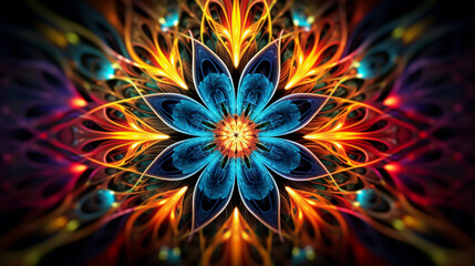 Obraz premium A vibrant, 3D fractal art piece that bursts with intricate, geometric patterns and a kaleidoscope of colors. Rendered with a crystal clear resolution, surreal, psychedelic