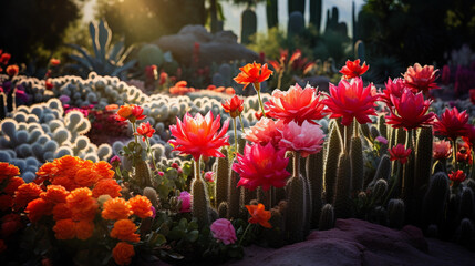 Exotic cactus garden in full bloom, stark contrast of vibrant flowers against thorny green, under the desert sun