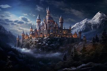 a medieval castle at twilight, nestled in a lush valley, with a star - studded sky overhead. Rendered in high detail, fantasy style, deep shadows and atmospheric lighting
