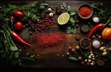 Obraz na płótnie Canvas Tomatoes, basil, spices, peppers, onions, garlic, mushroom, vegetarian food spices and vegetables, top view, free space for your text, fresh basil herbs tomato pattern, cooking concept, AI Generative