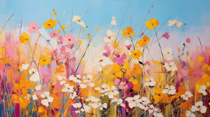 Abstract expressionist painting of wildflower meadow, vibrant palette, thick impasto technique, bold brushstrokes, warm afternoon light