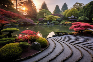 A lush Zen garden at dawn, perfectly manicured plants and a serene pond with koi fish, sand raked...