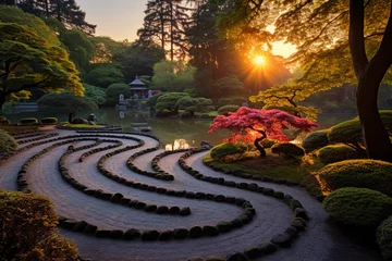 Tuinposter A lush Zen garden at dawn, perfectly manicured plants and a serene pond with koi fish, sand raked in intricate swirls, Japanese maple in full bloom, natural light © Marco Attano