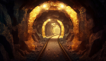 Gold mine tunnel with glittering gold colorful jewelris.Generative AI.
