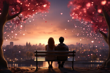 Sentimental Valentine's scene, Childhood couple on bench, heart-shaped balloons, confetti, 3D illustration Generative AI