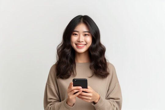 smiling asian woman with long dark hair holding and using black mobile phone, isolated over white background in studio