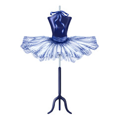 Blue ballet tutu decorated with pebbles and bows. A skirt worn on a mannequin. A theatrical backstage, an atelier, a clothing store, outfit for a fashion show and a masquerade. Digital illustration