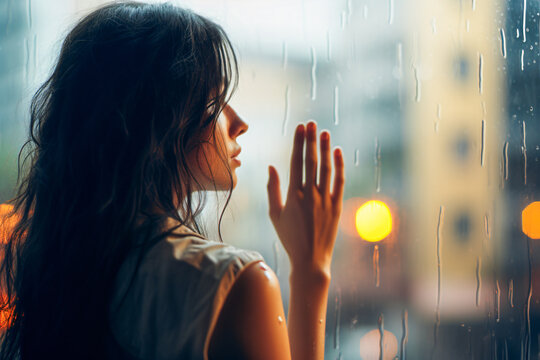 backside view of a sad woman looking throug a rain wet window