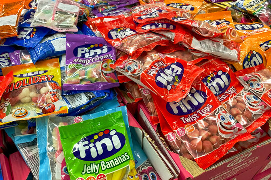 Kyiv, Ukraine, 29 June, 2023:  - Different colored sweets fini on supermarket stall for sale in candy department.