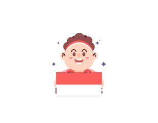 Illustration of a happy boy because celebrating Indonesia's independence day. holding a piece of fabric of red and white flag. Celebration and special day. Cute and adorable character. Illustration