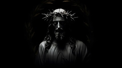 Jesus with wreath noise blur realistic silhouette face straight and down art black background