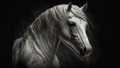 White horse black and smock background.Generative AI.
