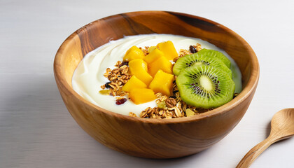 Mango yogurt with granola and kiwi in wooden bowl on white background. Healthy dairy product breakfast