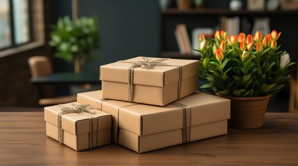 Three gifts with a flowers packed in a craft box for the holiday. Generative AI