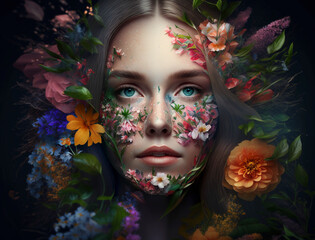 Woman face covered with Beautiful flowers.Generative AI.