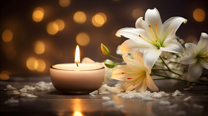 Fototapeta na wymiar Relaxing atmospheric candle light with white lily